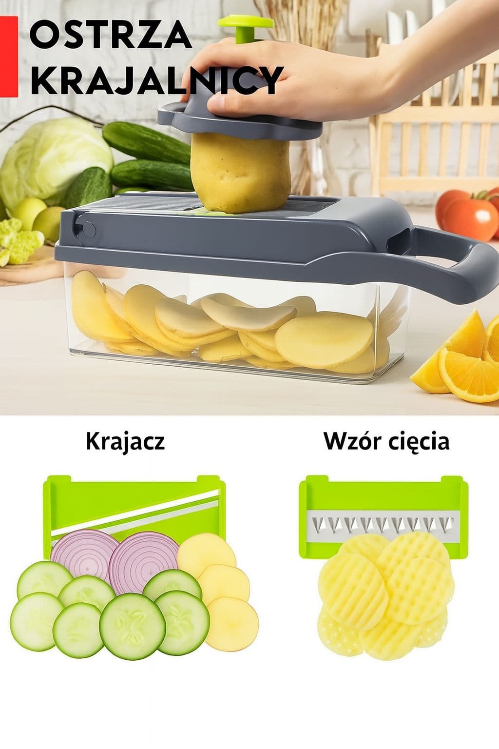 Wszechstronne narzędzie do krojenia i szatkowania warzyw z zestawem 14/16 elementów. Umożliwia szybkie przygotowanie składników w różnych kształtach – od cienkich plasterków po drobną kostkę.